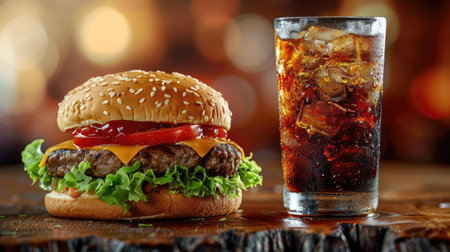 Tasty hamburger and a glass of cola with ice, ready to enjoy. Classic fast food pairingの素材