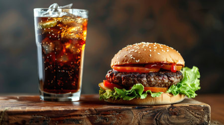 Tasty hamburger and a glass of cola with ice, ready to enjoy. Classic fast food pairingの素材