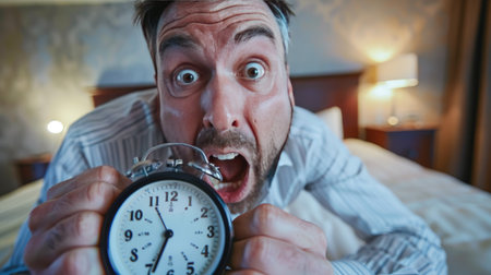 Shocked businessman with open mouth holding a classic alarm clock, sitting in a hotel room bed. Late morning scenarioの素材
