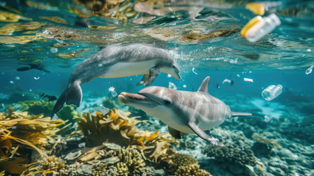 Sea creatures ingesting plastic debris, highlighting the severe issue of marine pollution and its effects on wildlifeの素材