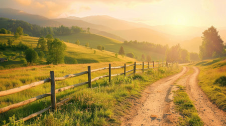 Sunrise illuminating a rural road, wooden fence along the path, with green hills and meadows. Summer landscapeの素材