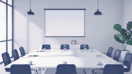 Conference room with light background and empty posters, ready for a business meeting. Modern and professionalの素材