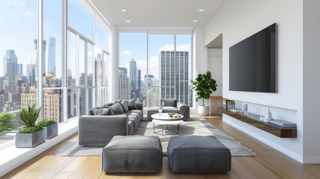 Contemporary living room with a TV on the wall, grey armchairs, and a city view. Bright and open designの素材