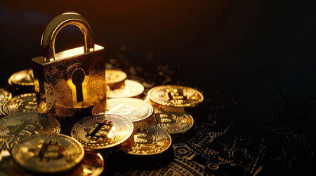 Dark background featuring a golden padlock and Bitcoin coins, representing secure crypto savings. Safe and modernの素材