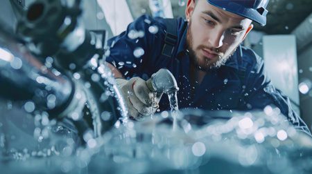 Professional emergency plumber at work, addressing leaking pipes with swift solutions to mitigate water damage effectively.の素材