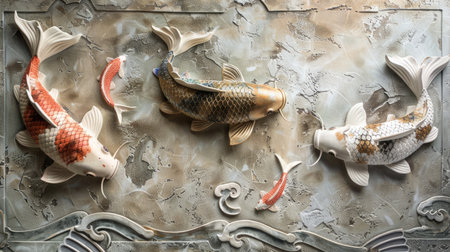 Elegant display of Volumetric decorative fish in Japanese style intricately positioned against textured stucco molding, portraying the timeless elegance and craftsmanship of Eastern art.の素材