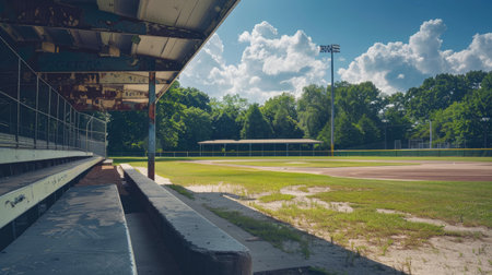 A deserted baseball field with no players on a sunny day, featuring the empty dugouts and quiet atmosphere of the ballpark.の素材