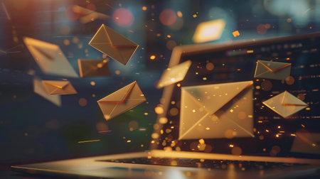Envelopes flying out from a laptop screen, symbolizing the dynamic world of digital marketing, email campaigns, and spamの素材