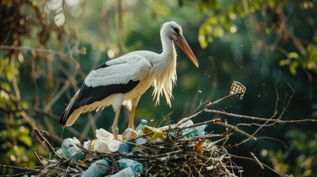 Stork nest entangled with plastic waste, including microplastics and PET bottles, highlighting the severe impact of pollution on wildlife and natural habitats.の素材