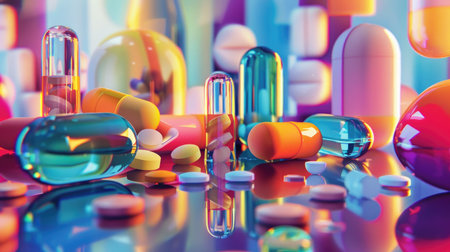 Vibrant display of various pharmaceutical medicines and capsules, representing the extensive spectrum of healthcare treatments and medicinal options available.の素材
