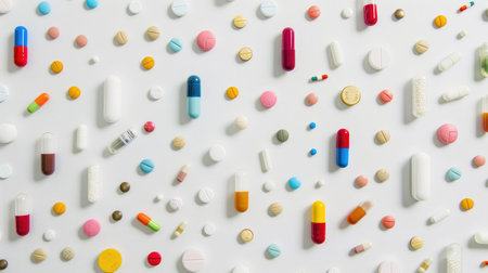 Vibrant display of various pharmaceutical medicines and capsules, representing the extensive spectrum of healthcare treatments and medicinal options available.の素材