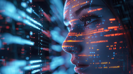 Close-up of a digital AI coding agent with futuristic code, representing the cutting edge of artificial intelligenceの素材