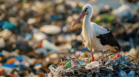 Close-up of a stork nest filled with plastic waste and microplastics, illustrating the detrimental effects of pollution on wildlife and their natural environments.の素材