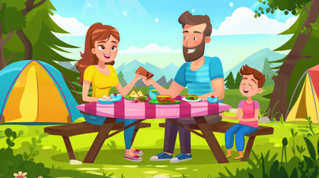 Cheerful cartoon family sitting at a picnic table with a colorful spread of food at their campsite.の素材