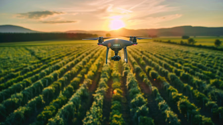Drone flying over a large farm, capturing aerial images and data for precision agricultureの素材