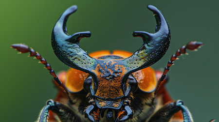 Close-up of a beetle with impressive horns on its headの素材