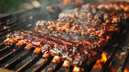 Grilled BBQ ribs with smoke and char marks, highlighting the savory and smoky delight of a perfect barbecue meal.の素材