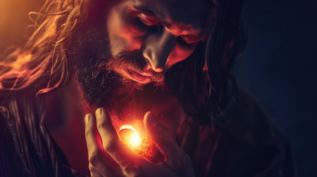 Inspirational photo of Jesus Christ revealing his sacred heart, symbolizing the transformative power of divine love and forgivenessの素材