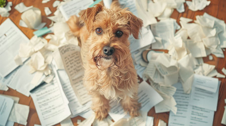 Whimsical stock photo of a guilty-looking dog surrounded by torn papers and scattered homework assignments, playfully illustrating the classic excuseの素材