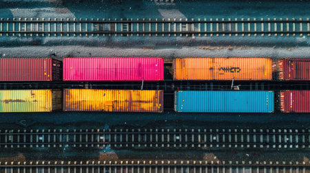 Colorful freight train containers lined up on the railway, emphasizing the importance of product transportation and logisticsの素材