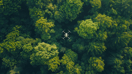 Closeup shot of a drone navigating above green trees in a summer landscape, embodying nature's essence from aboveの素材