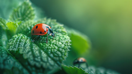 Ladybug perched on a green leaf in nature, showcasing the delicate balance of wildlife and macro photography.の素材