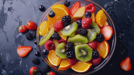 A fresh fruit salad with kiwi, berries, and oranges in a bowl, showcasing a healthy snack optionの素材
