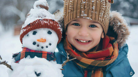 Closeup of smiling child with snowman, happy winter moment.の素材