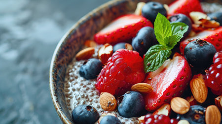 A close-up of a bowl of chia pudding with fresh berries and nuts, highlighting a healthy dessertの素材