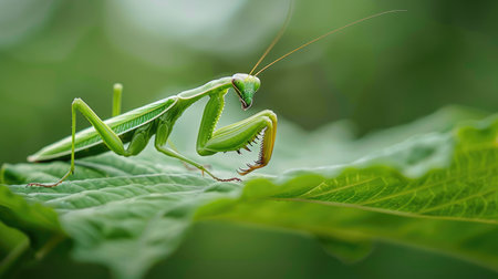 Praying mantis waiting for prey on a leafの素材