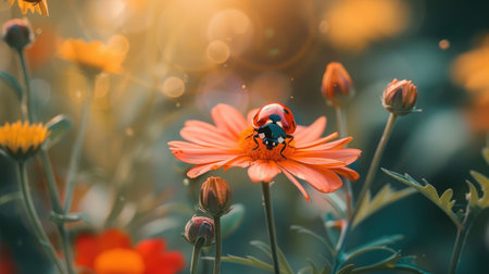 Ladybug exploring a blooming flower in a gardenの素材