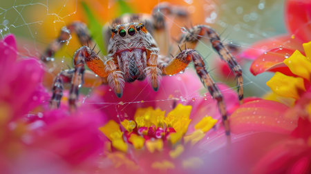 Close-up of a spider weaving a web between flowersの素材