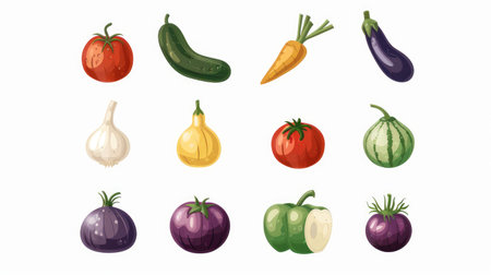Modern vegetable icons set of 9, symmetrically arranged on white backgroundの素材