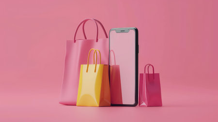 Online shopping on smartphone, 3D rendering on a single-color backgroundの素材