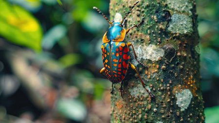 Colorful beetle crawling on a tree trunk in an Amazon rainforestの素材