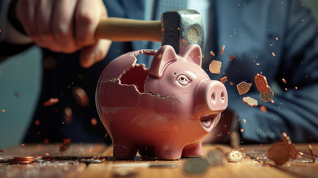 Piggy bank shattered by a businessman with a hammer, symbolizing financial failureの素材