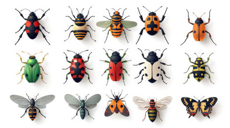 Nine stylized insect icons symmetrically arranged on white backgroundの素材