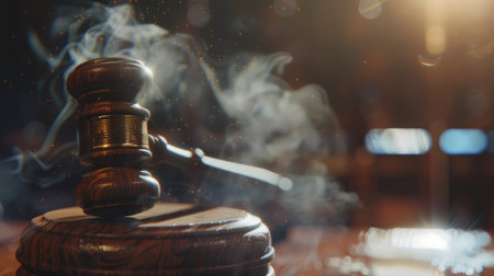 Close-up of judge's gavel and cough, representing legal authority and jurisprudenceの素材