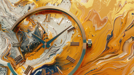 Surreal illustration of a golden and mercury clock melting in a distorted, fluid manner, representing the illusion of timeの素材