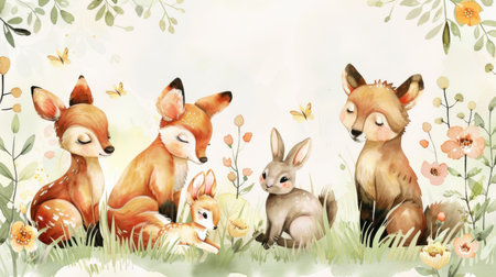 Cute nursery illustration of baby forest animals: fox, deer, rabbit, bear, watercolorの素材