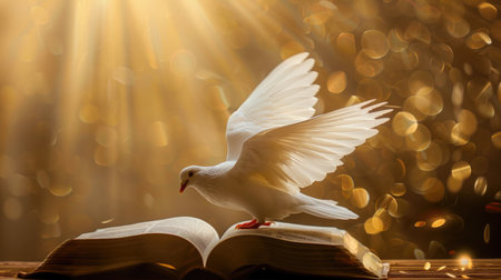 Majestic white dove soaring over an open Bible, illuminated by a golden light backdropの素材