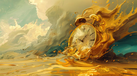 Surreal illustration of a melting golden and mercury clock, fluid and distorted, depicting the illusion of timeの素材