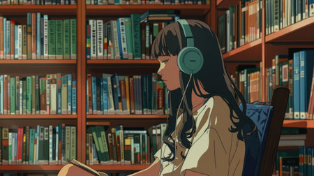 Ghibli-style lo-fi college girl with headphones, in a quiet library environment for focus and relaxationの素材
