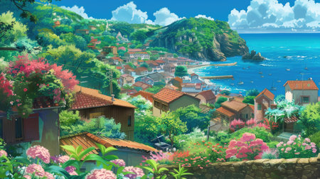 Peaceful Ghibli coastal town with charming houses, blooming gardens, and a calm blue seaの素材