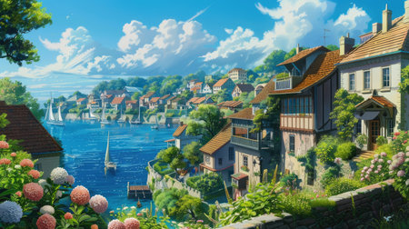 Peaceful Ghibli coastal town with charming houses, blooming gardens, and a calm blue seaの素材