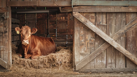 Barn scene with a brown cow, wooden stall, and plenty of hay. Depicting the simplicity and charm of rural livestock careの素材