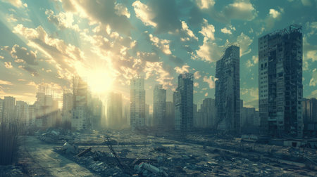 Desolate skyline of ruined skyscrapers, capturing a post-apocalyptic worldの素材