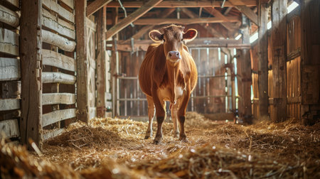 Calm brown cow standing in a rustic wooden barn, hay scattered around. Authentic farm life atmosphereの素材