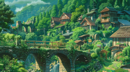 Picturesque Ghibli village nestled in a valley with stone bridges, quaint houses, and lush gardensの素材