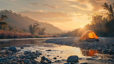 Campsite with a tent near a river, captured during sunset. Beautiful natural scene with space for textの素材